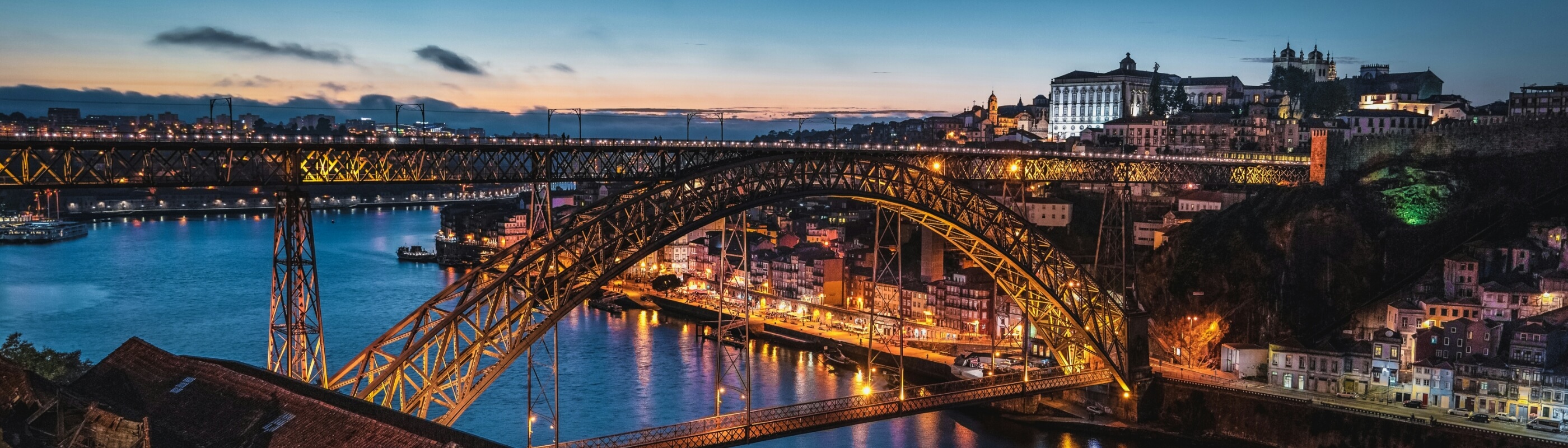 Panoramic view of Luís I Bridge at sunset, illuminated over the Douro River, with the city of Porto in the background.