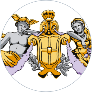 Golden coat of arms with human figures in heraldic style, on a white background.