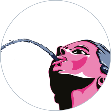 Illustration of a human profile blowing water in an arc, with a pink background.